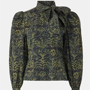 Ulla Johnson Green and Black Patterned Blouse Giorgia Silk Neck Tie Blouse